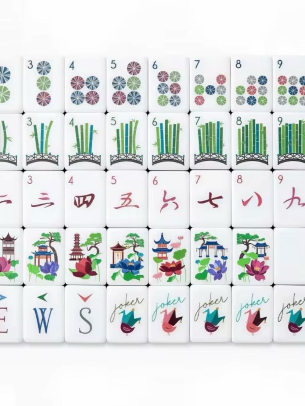 Complete Mahjong Tile Set with cadet Blue backs NIP stacked etched